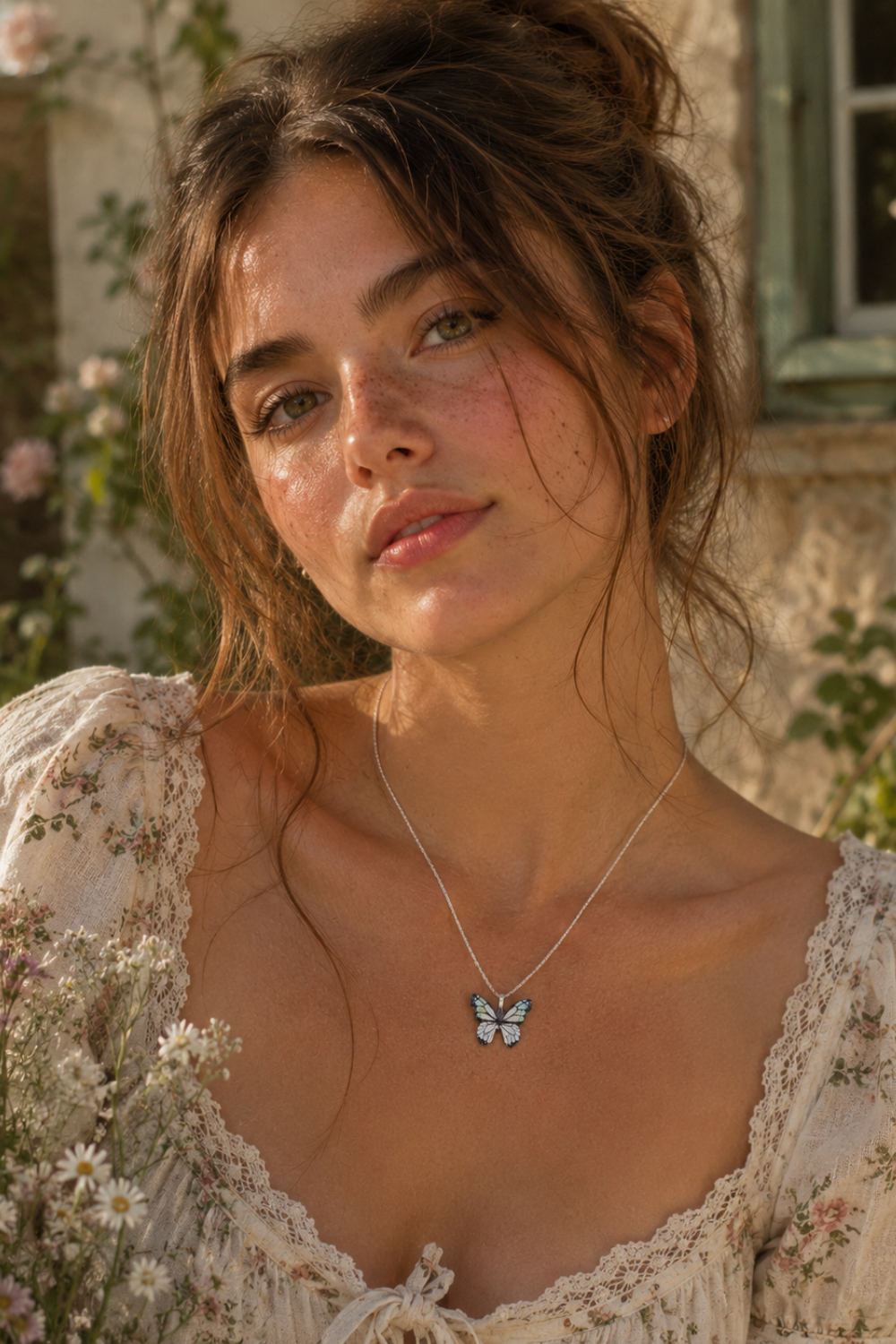 White Gold Dipped Textured Butterfly Pendant Necklace