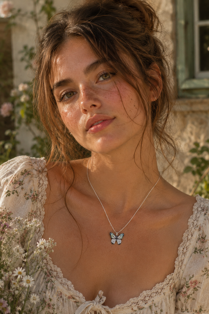 White Gold Dipped Textured Butterfly Pendant Necklace