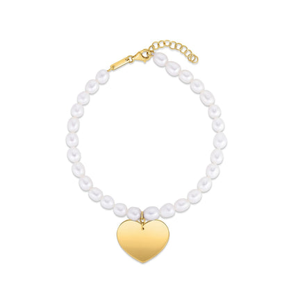 Yellow Gold Pearl Heart Charm Bracelet