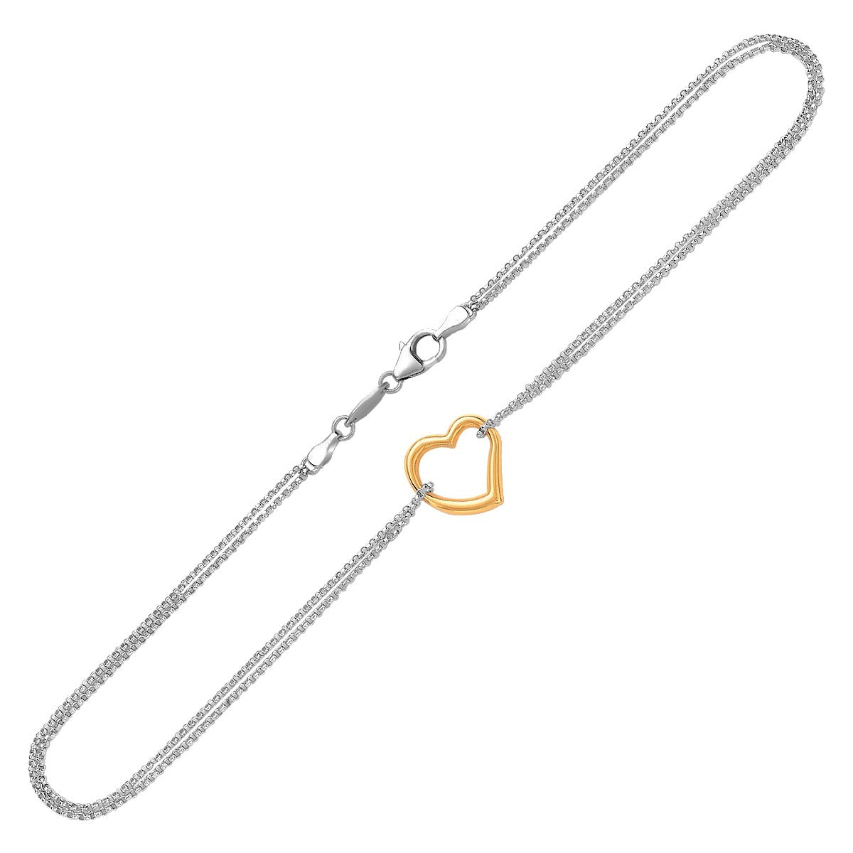 14K Yellow Gold and Sterling Silver Open Heart Station Anklet