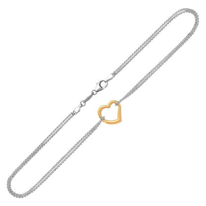 14K Yellow Gold and Sterling Silver Open Heart Station Anklet