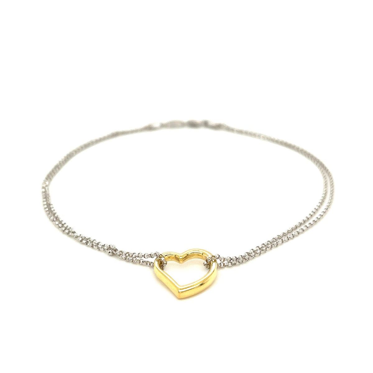 14K Yellow Gold and Sterling Silver Open Heart Station Anklet