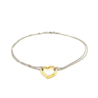 14K Yellow Gold and Sterling Silver Open Heart Station Anklet