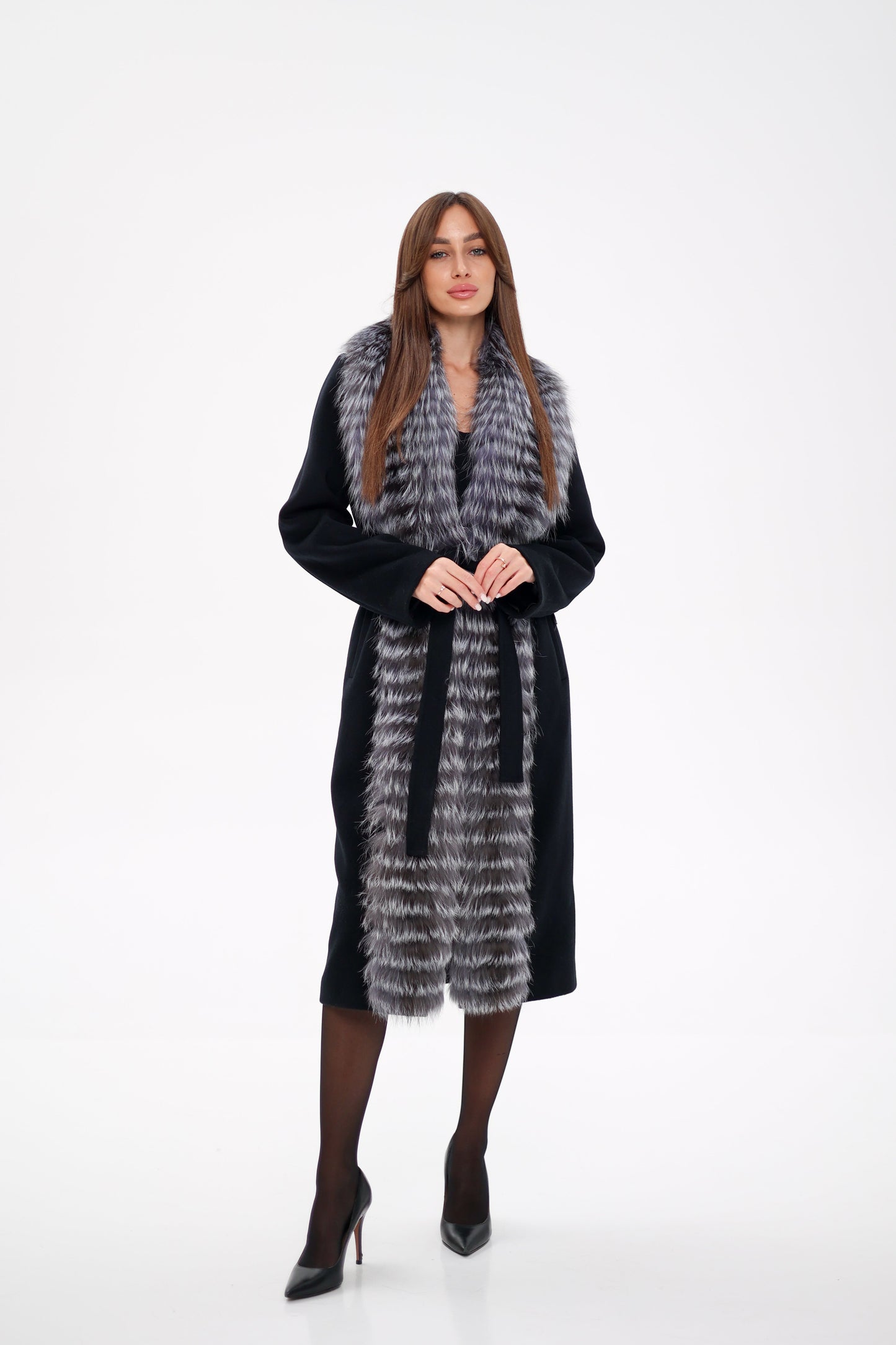 Silver Fox Virgin Wool Wrap Coat in Black