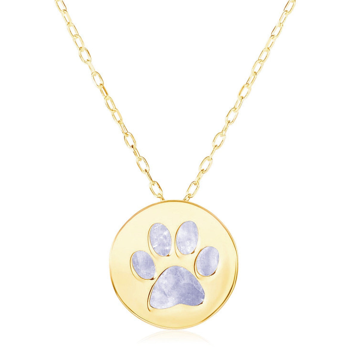 14K Yellow Gold Mother of Pearl Dog Paw Print Necklace