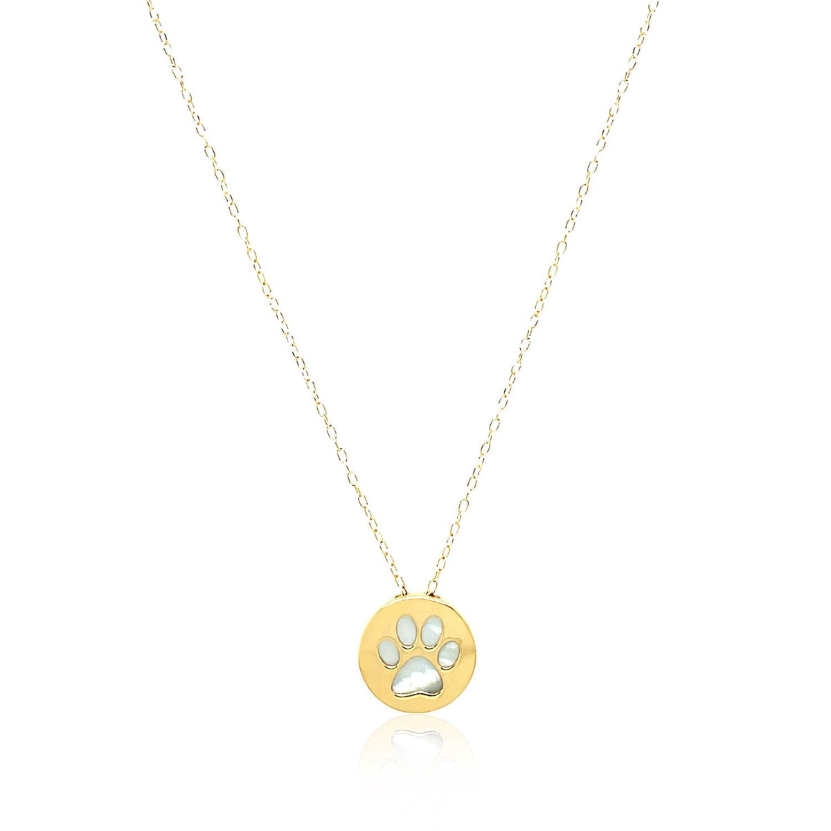 14K Yellow Gold Mother of Pearl Dog Paw Print Necklace