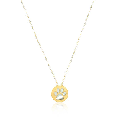 14K Yellow Gold Mother of Pearl Dog Paw Print Necklace