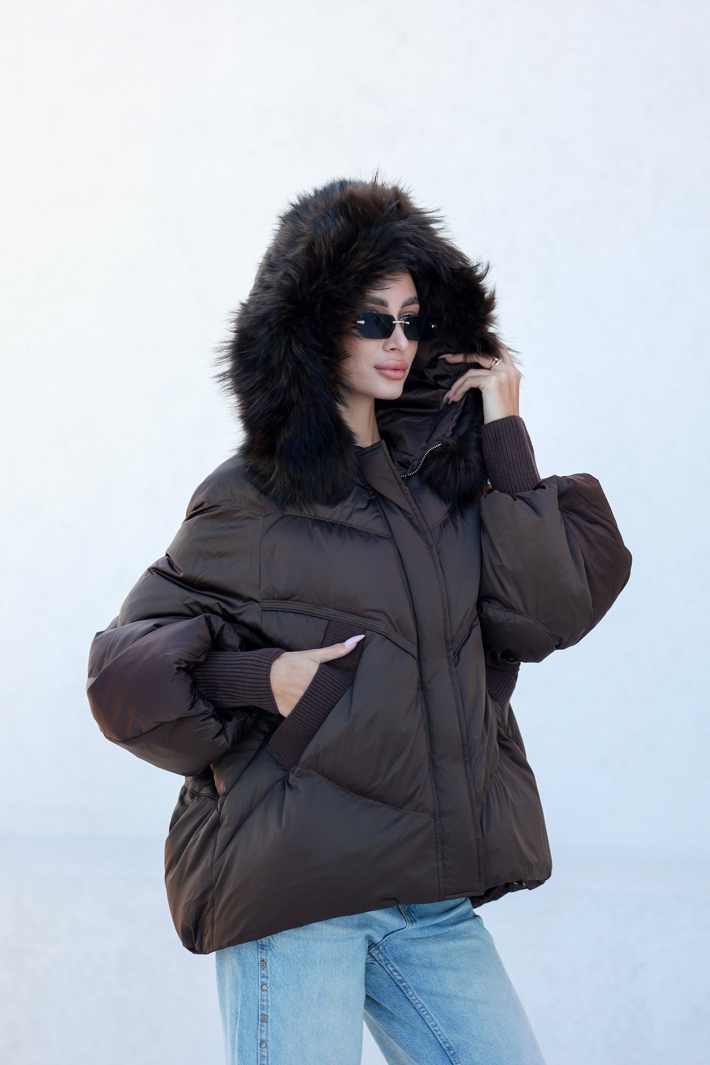Chantal Fur Trim Down Fill Coat Chocolate Coat
