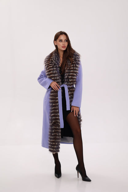 Silver Fox Virgin Wool Wrap Coat in Lavender