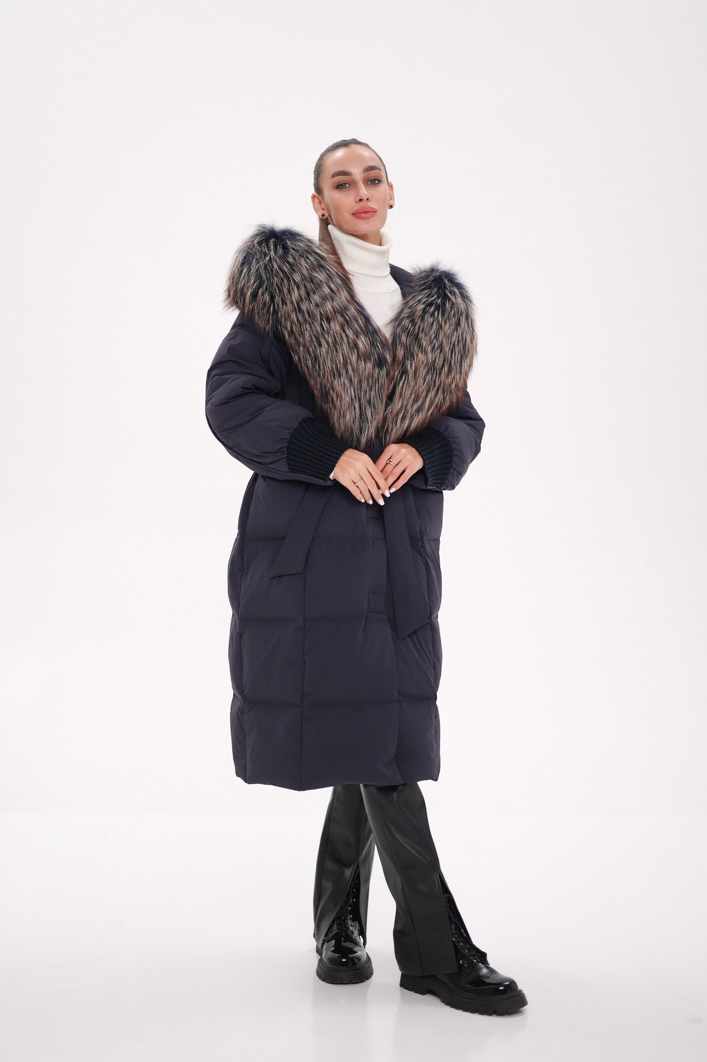 Rei Fur Trim Hooded Down Coat Navy