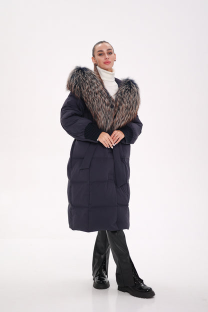 Rei Fur Trim Hooded Down Coat Navy