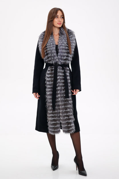 Silver Fox Virgin Wool Wrap Coat in Black