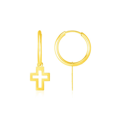 14K Yellow Gold Cross Charm Hoop Earrings