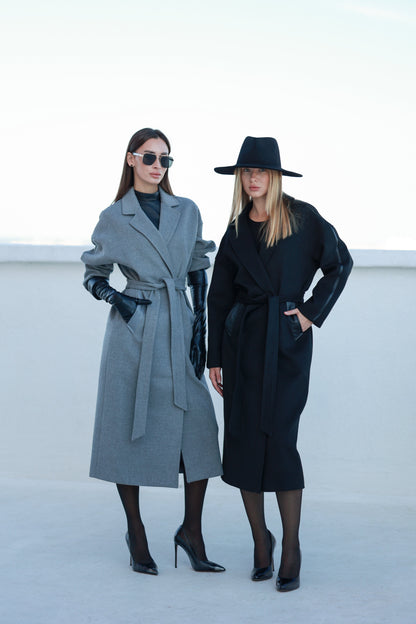 Logan Leather Trim Cashmere Blend Overcoat in Grey