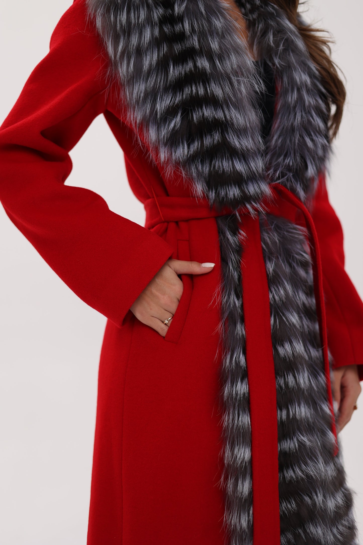 Silver Fox Virgin Wool Wrap Coat in Red