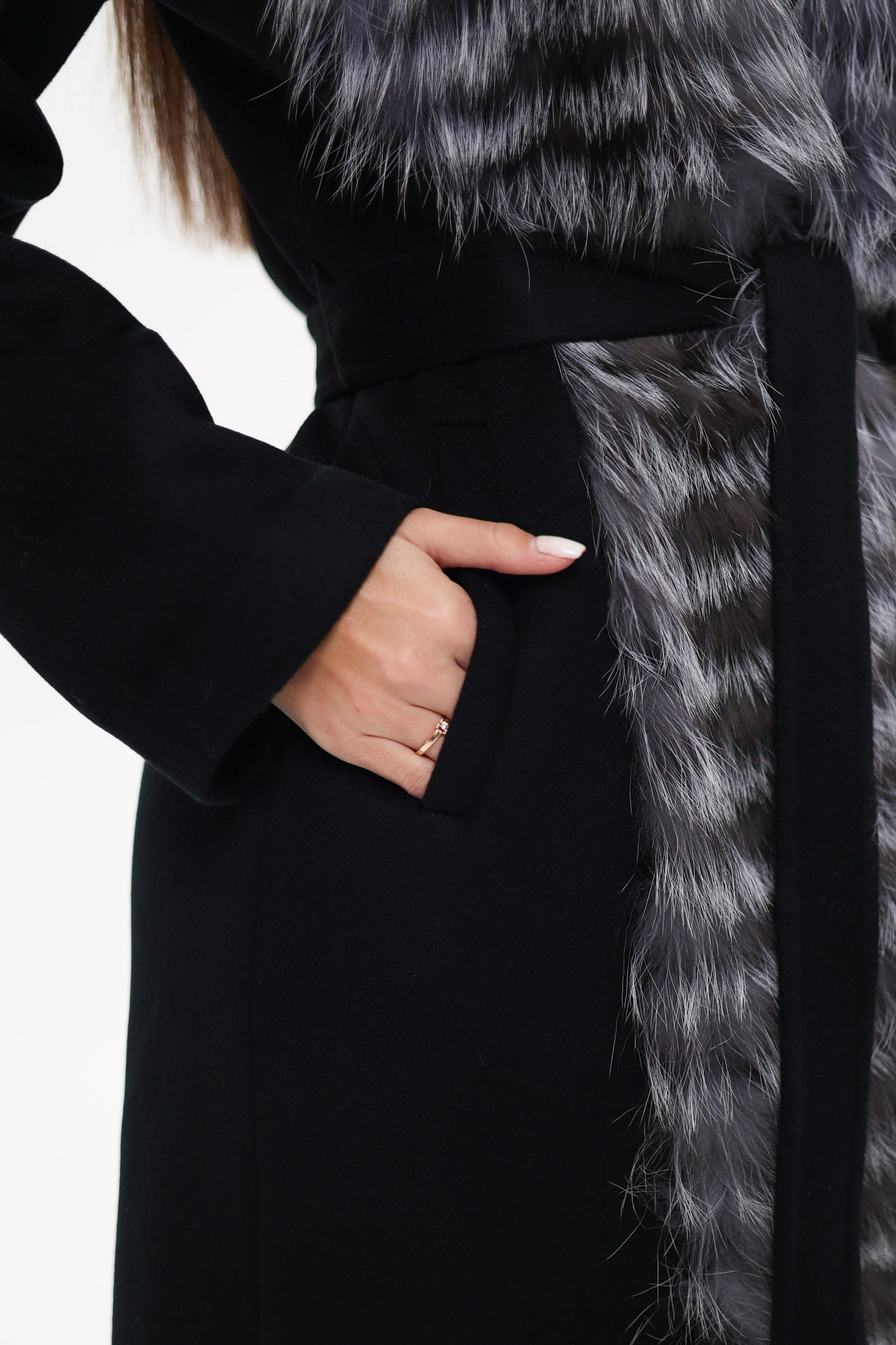 Silver Fox Virgin Wool Wrap Coat in Black