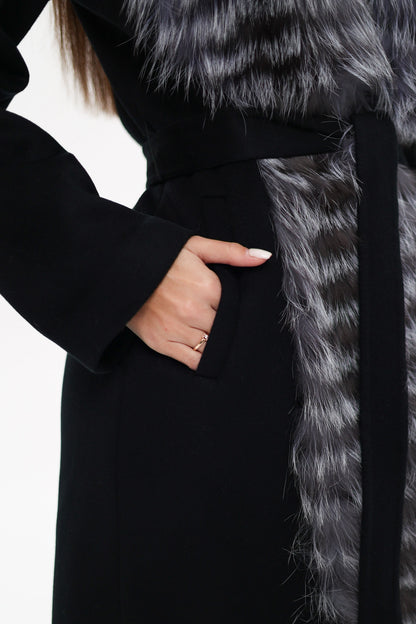 Silver Fox Virgin Wool Wrap Coat in Black