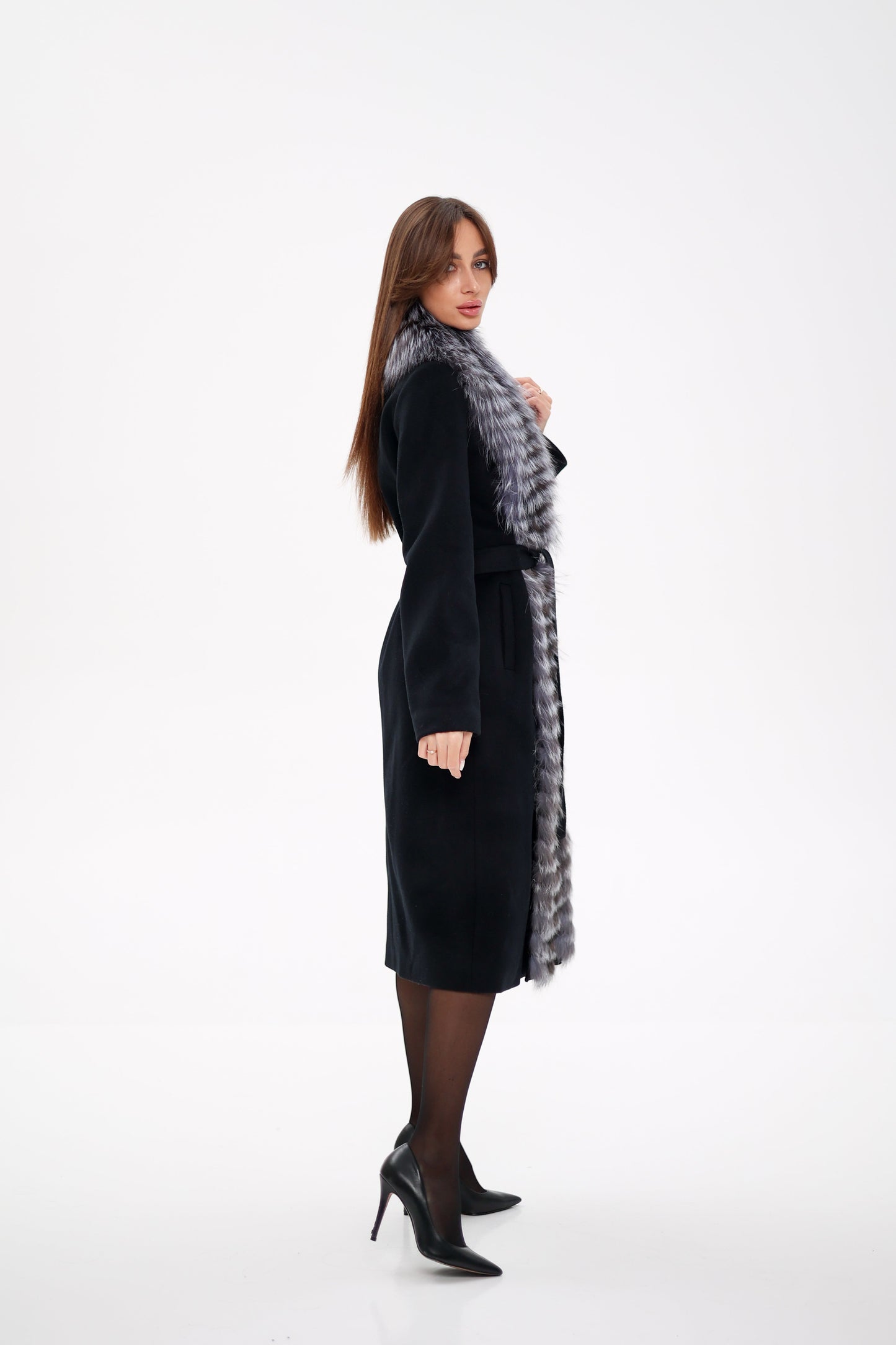 Silver Fox Virgin Wool Wrap Coat in Black