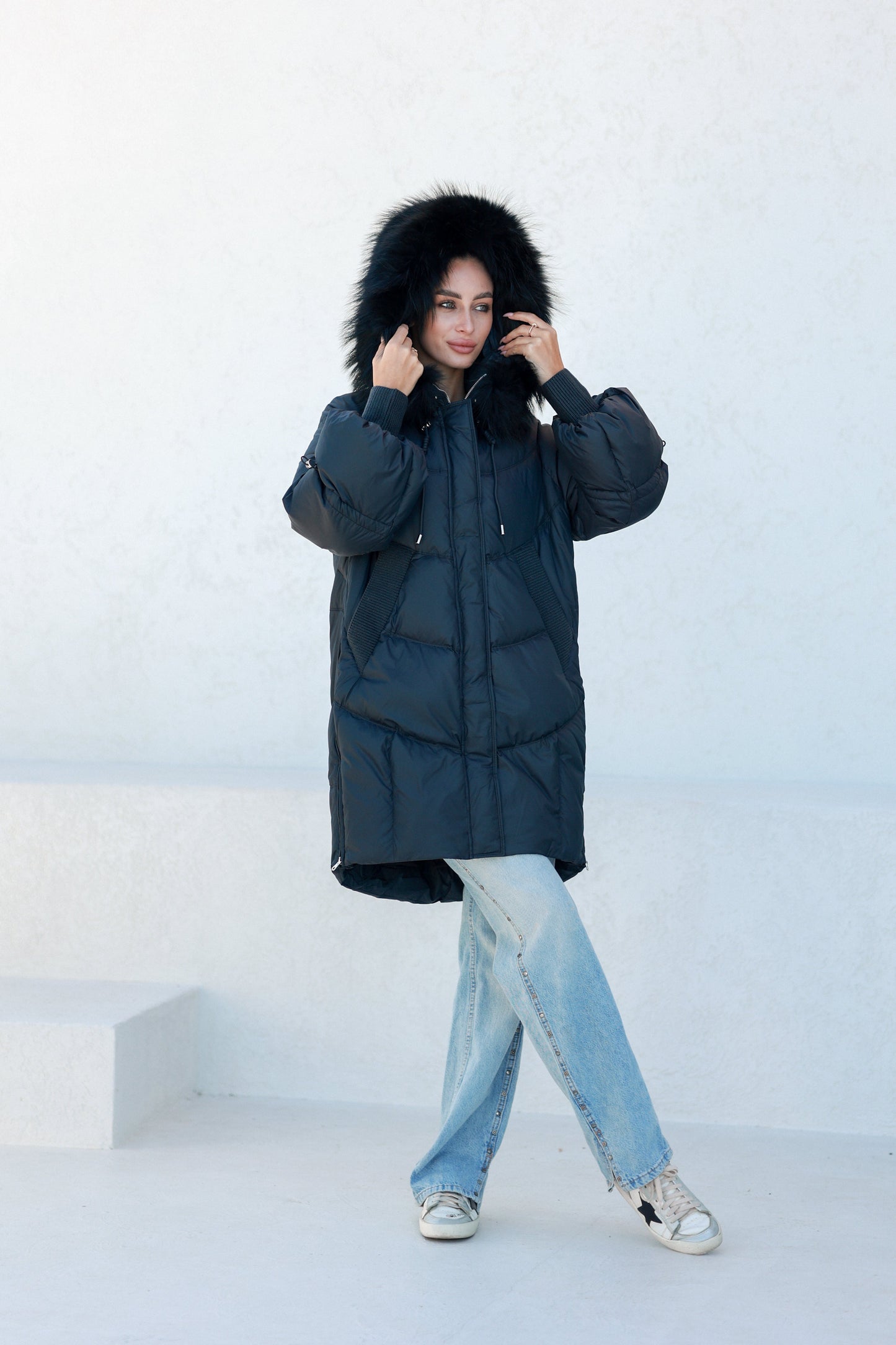 Celeste Fur Trim Down Fill Coat Black Coat