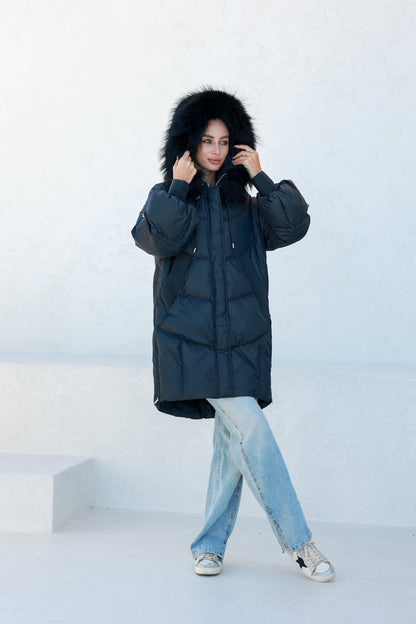 Celeste Fur Trim Down Fill Coat Black Coat