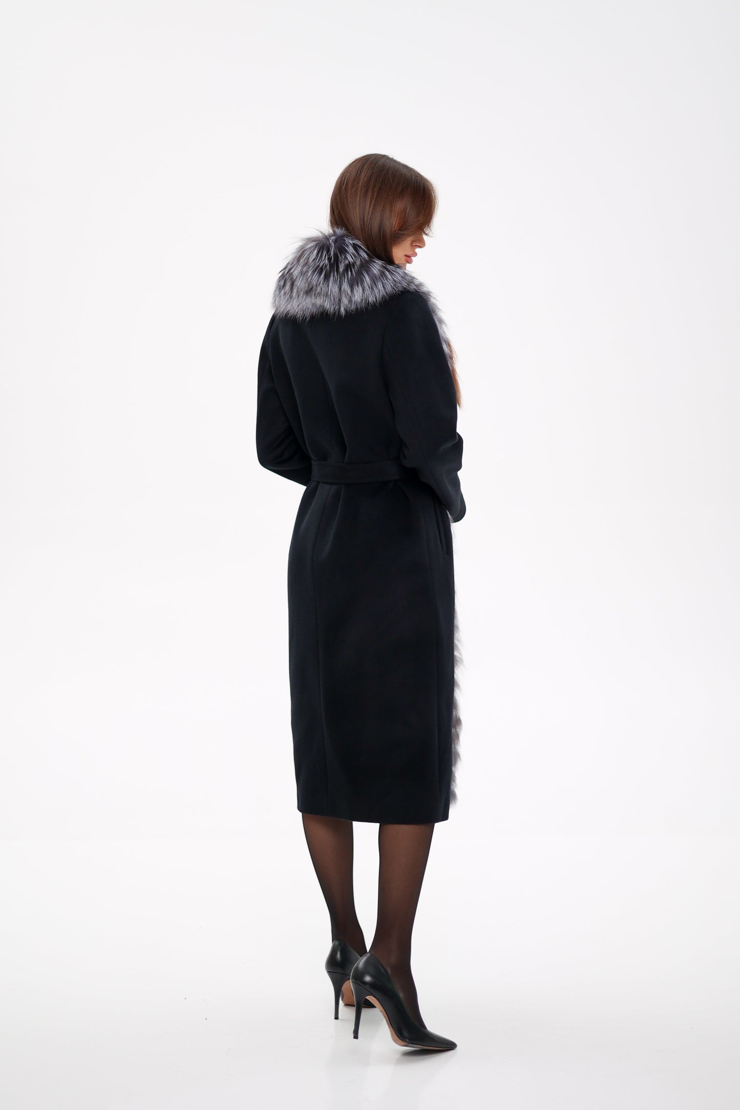 Silver Fox Virgin Wool Wrap Coat in Black