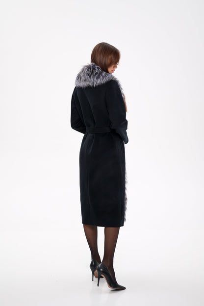 Silver Fox Virgin Wool Wrap Coat in Black