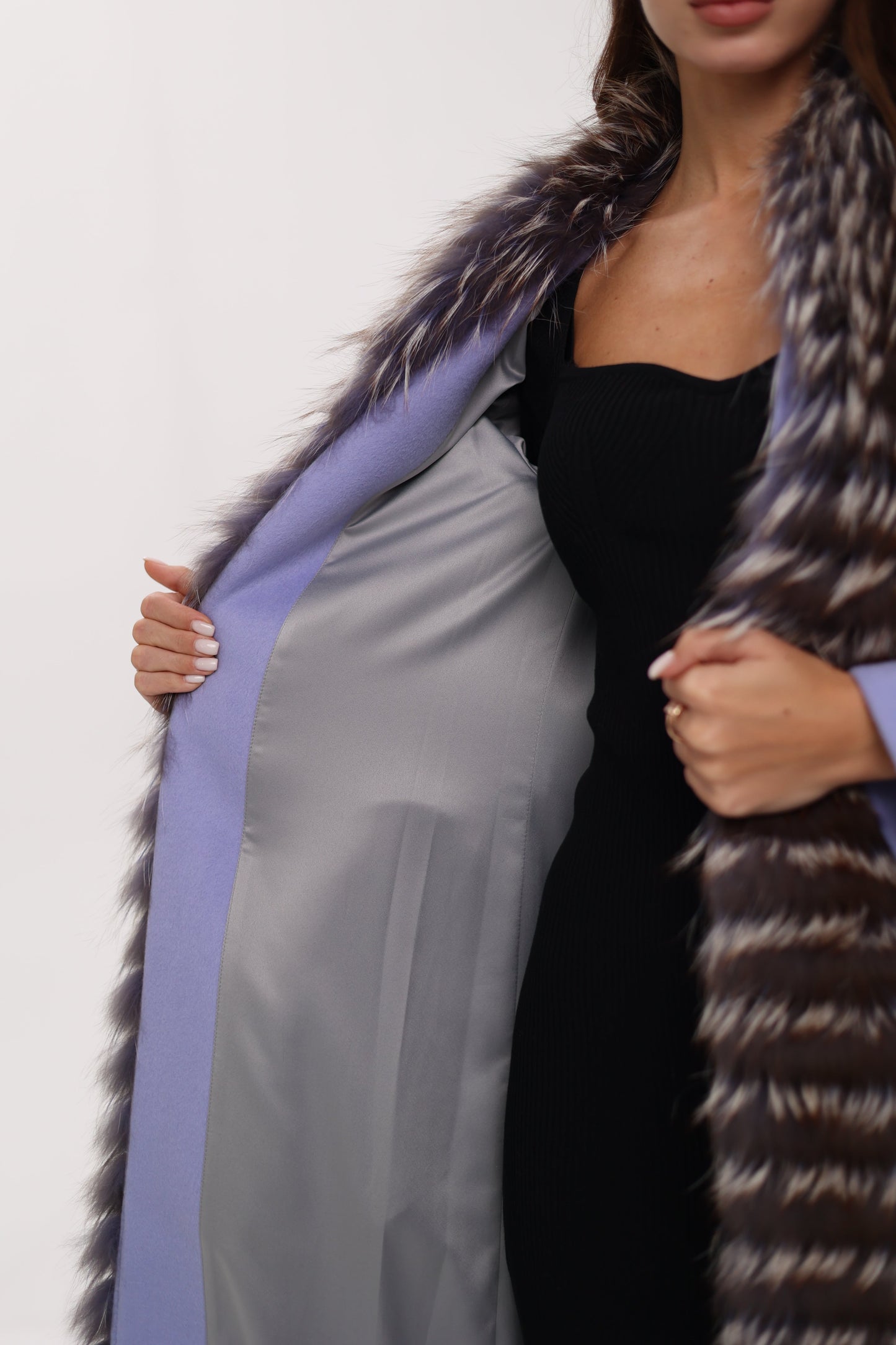 Silver Fox Virgin Wool Wrap Coat in Lavender