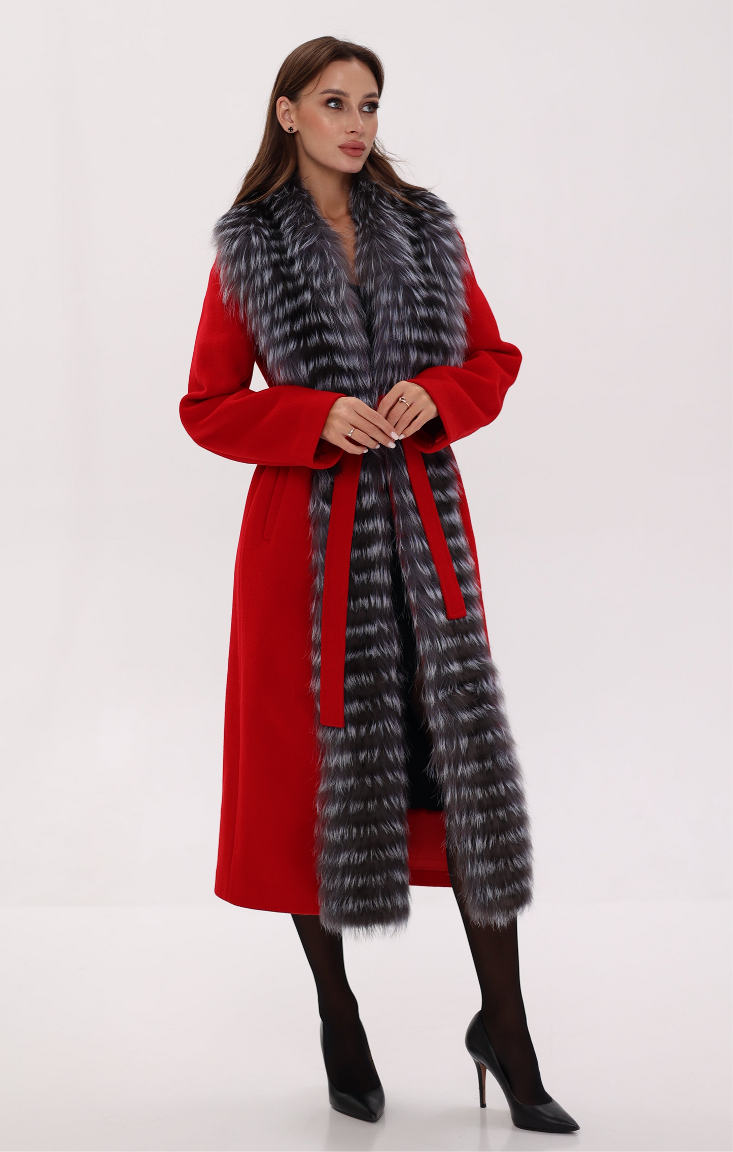 Silver Fox Virgin Wool Wrap Coat in Red