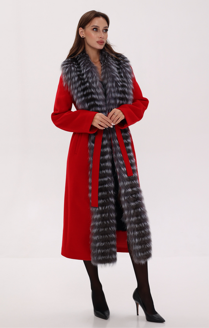 Silver Fox Virgin Wool Wrap Coat in Red
