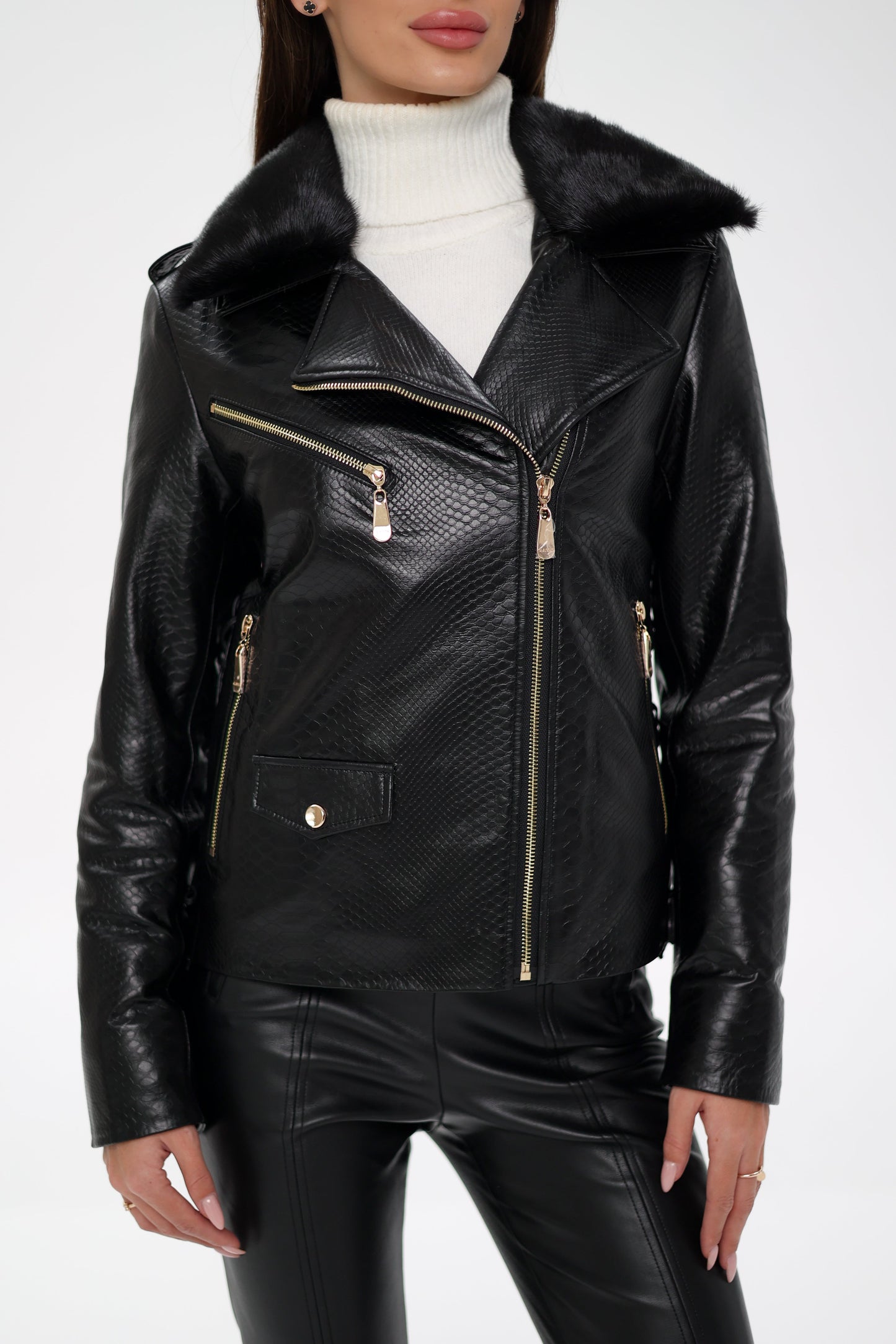 Mink Fur Embossed Leather Jacket