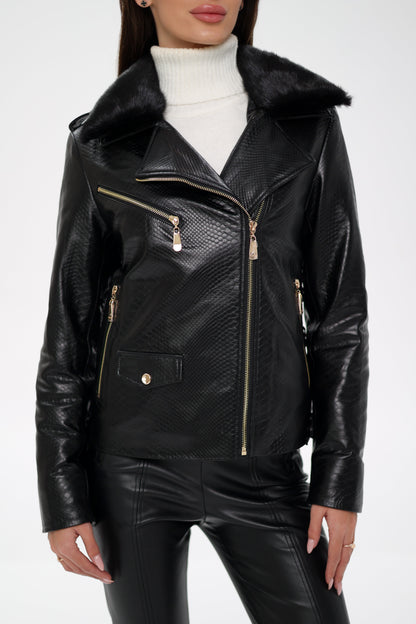Mink Fur Embossed Leather Jacket