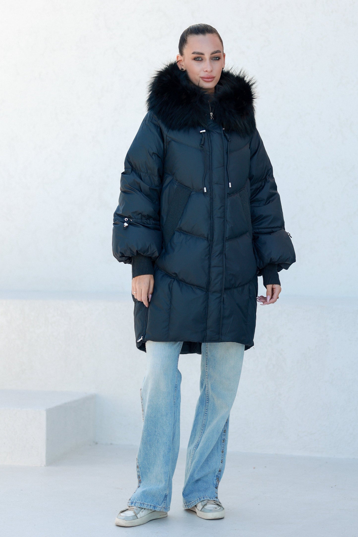 Celeste Fur Trim Down Fill Coat Black Coat