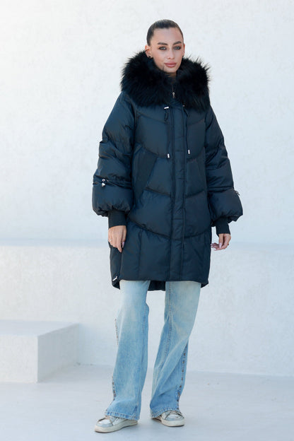 Celeste Fur Trim Down Fill Coat Black Coat