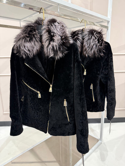 Bari Genuine Astrakhan Silver Fox Trim Coat