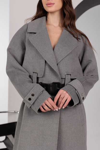 Karina Belted Wool Cashmere Blend Overcoat in Grey