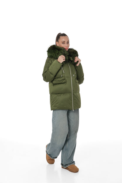 Genuine Silver Fox Fur Down Fill Coat