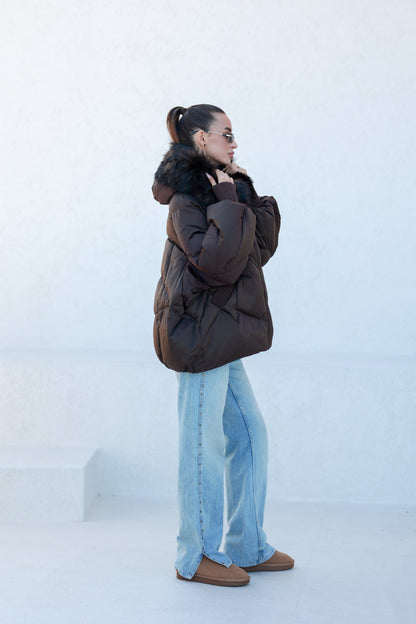 Chantal Fur Trim Down Fill Coat Chocolate Coat