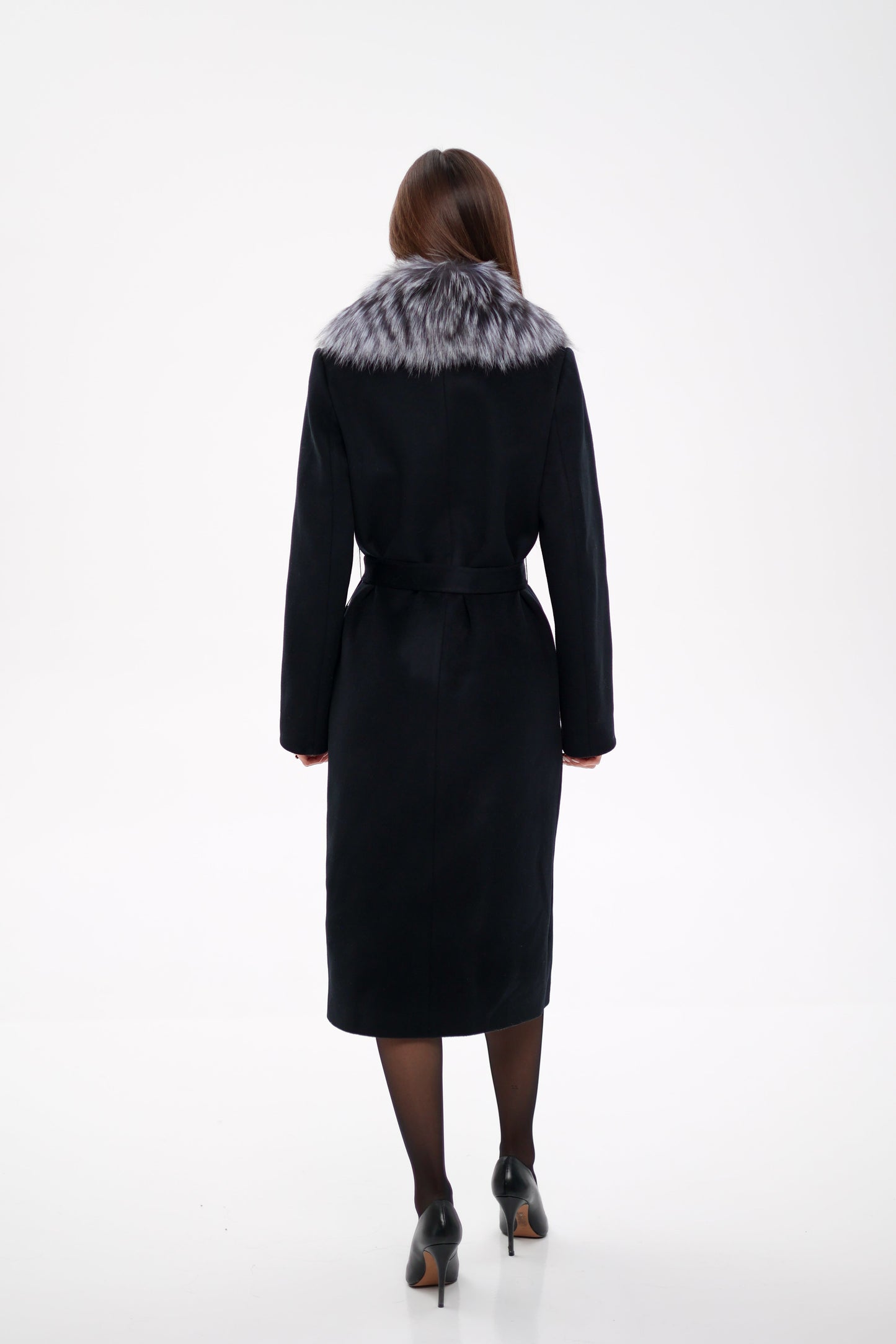 Silver Fox Virgin Wool Wrap Coat in Black