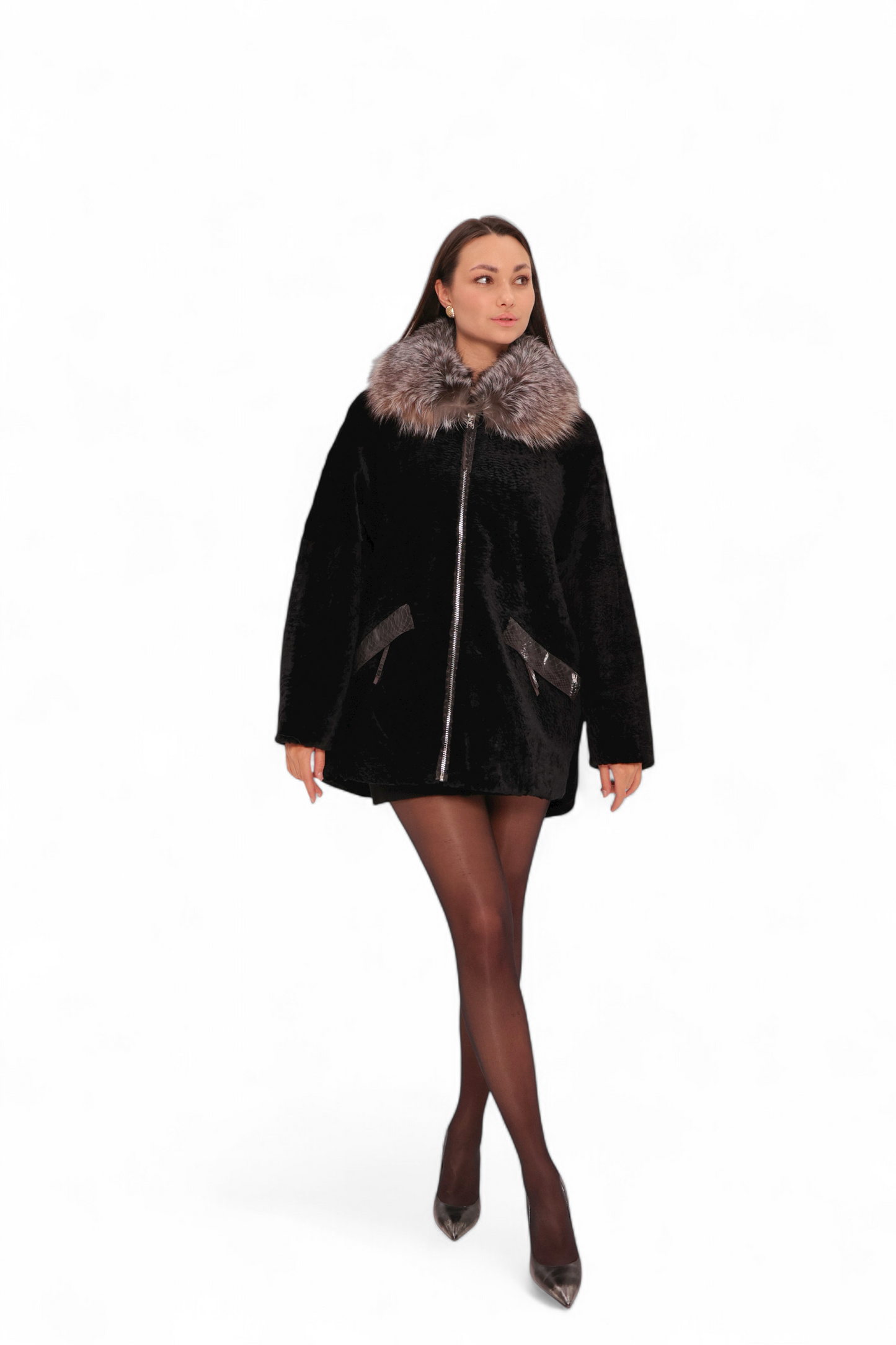 Palermo Astrakhan Silver Fox Trim Coat