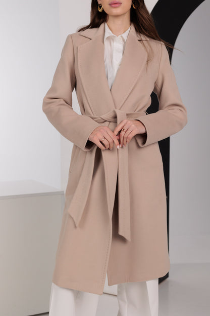 Geneva Classic Wraparound Wool Blend Overcoat in Beige