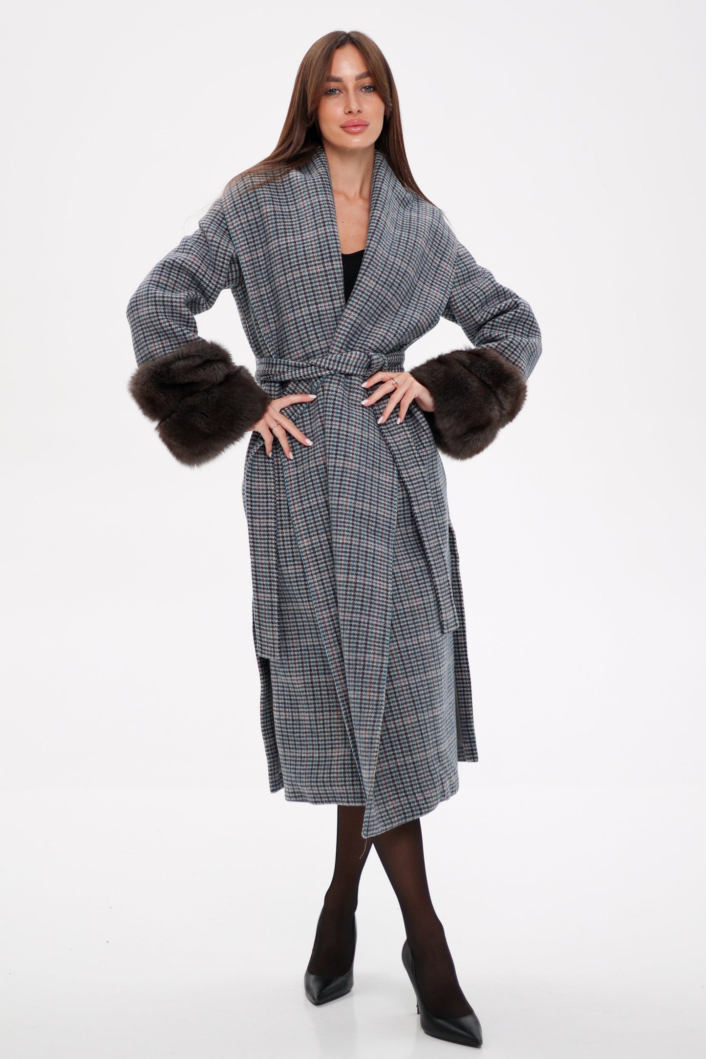 Polar Fox Fur Virgin Wool Wrap Coat