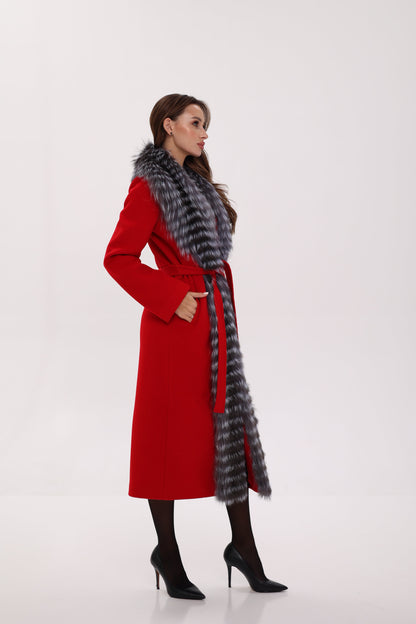 Silver Fox Virgin Wool Wrap Coat in Red