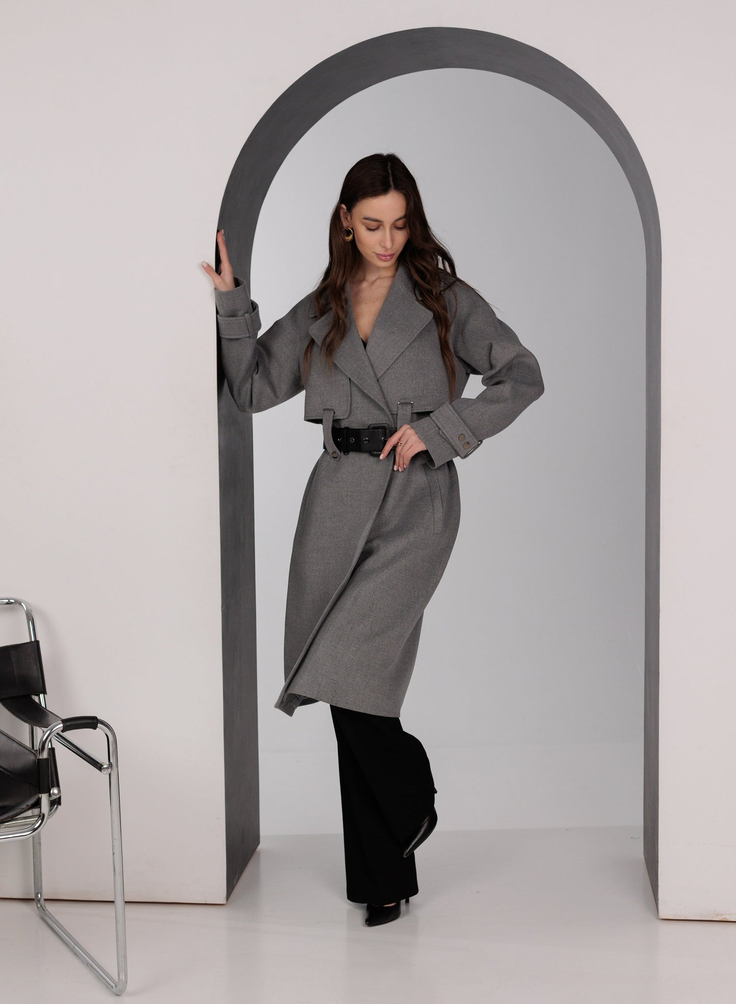 Karina Belted Wool Cashmere Blend Overcoat in Grey