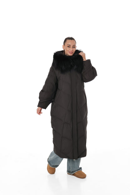 Genuine Silver Fox Fur Trim Down Coat
