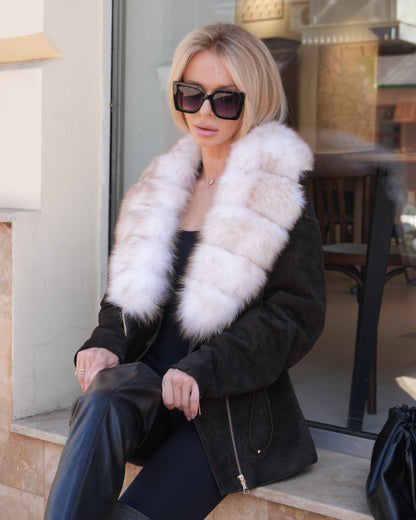 Vivienne Genuine Suede Polar Fox Trim Coat in Cognac