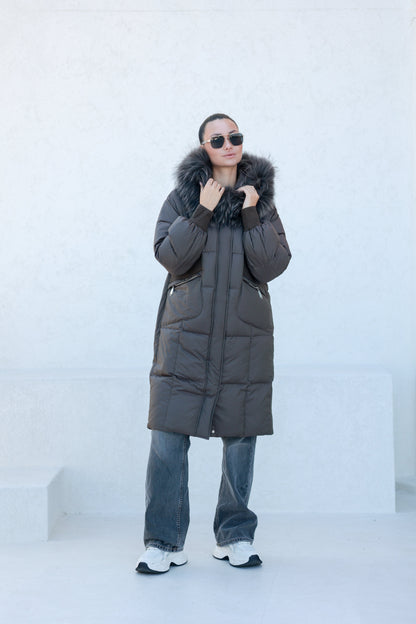Lauren Genuine Fur Trim Down Fill Coat in Tobacco