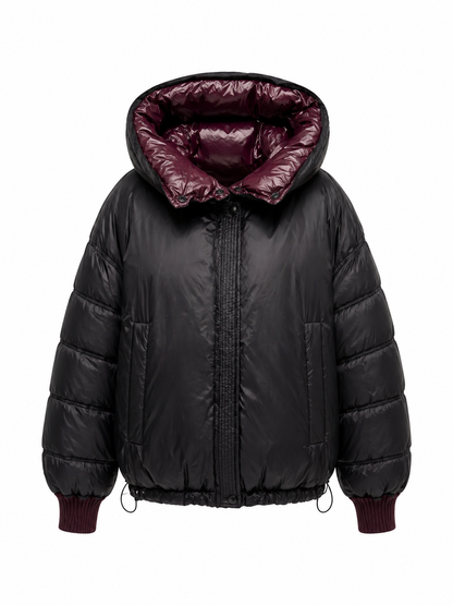 ⇆ Reversible Hooded Bio-Down Jacket in Burgundy/Black