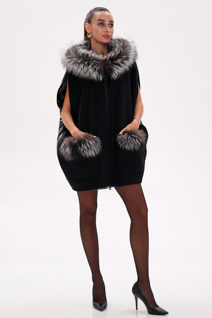 Saga®Furs Silver Fox Wool Alpaca Poncho Vest in Black