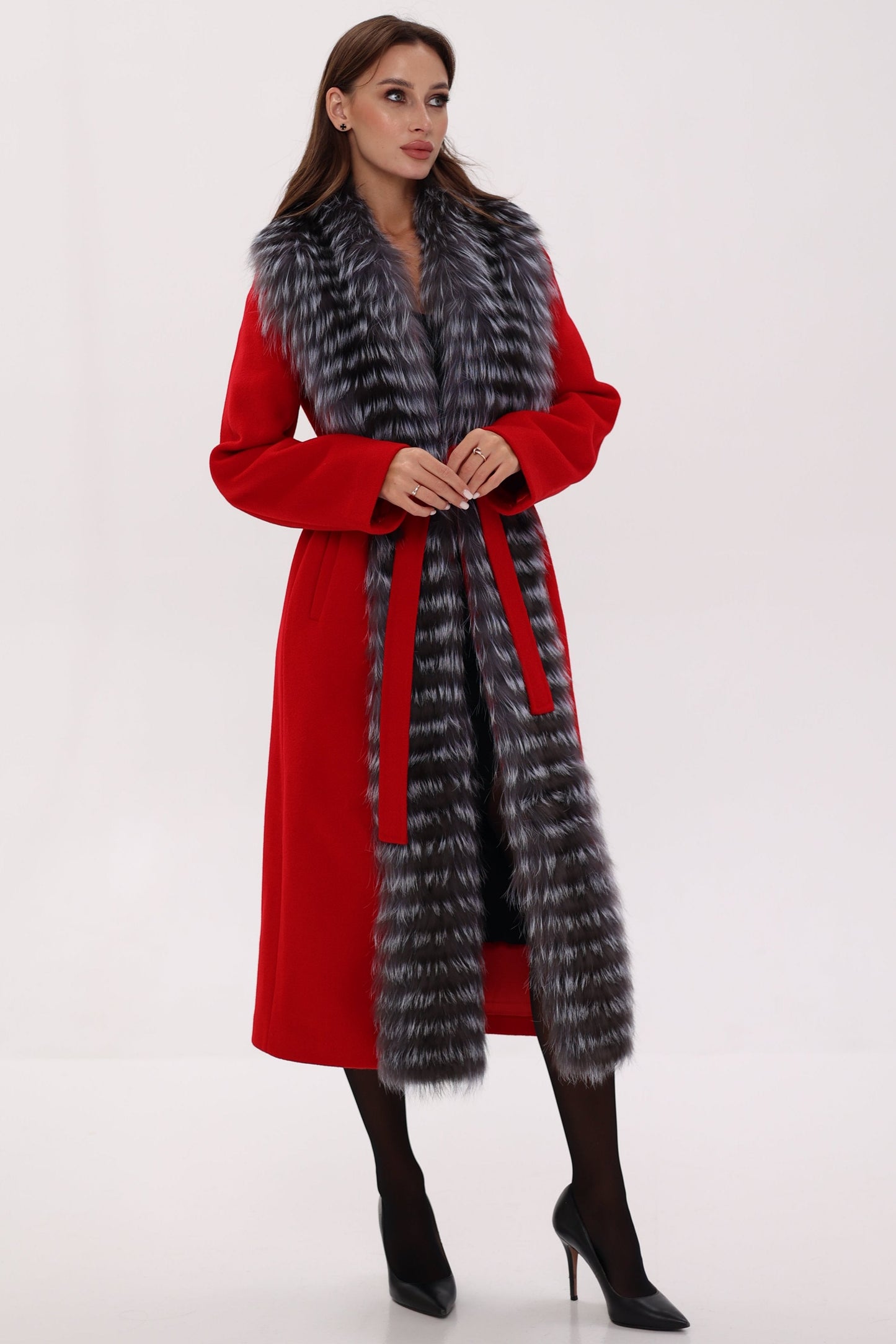 Silver Fox Virgin Wool Wrap Coat in Red