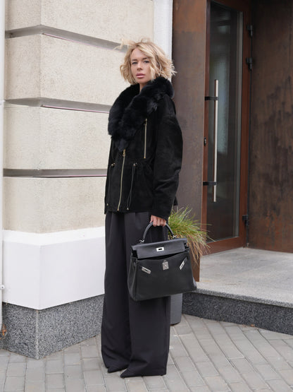 Vivienne Genuine Suede Polar Fox Trim Coat in Black